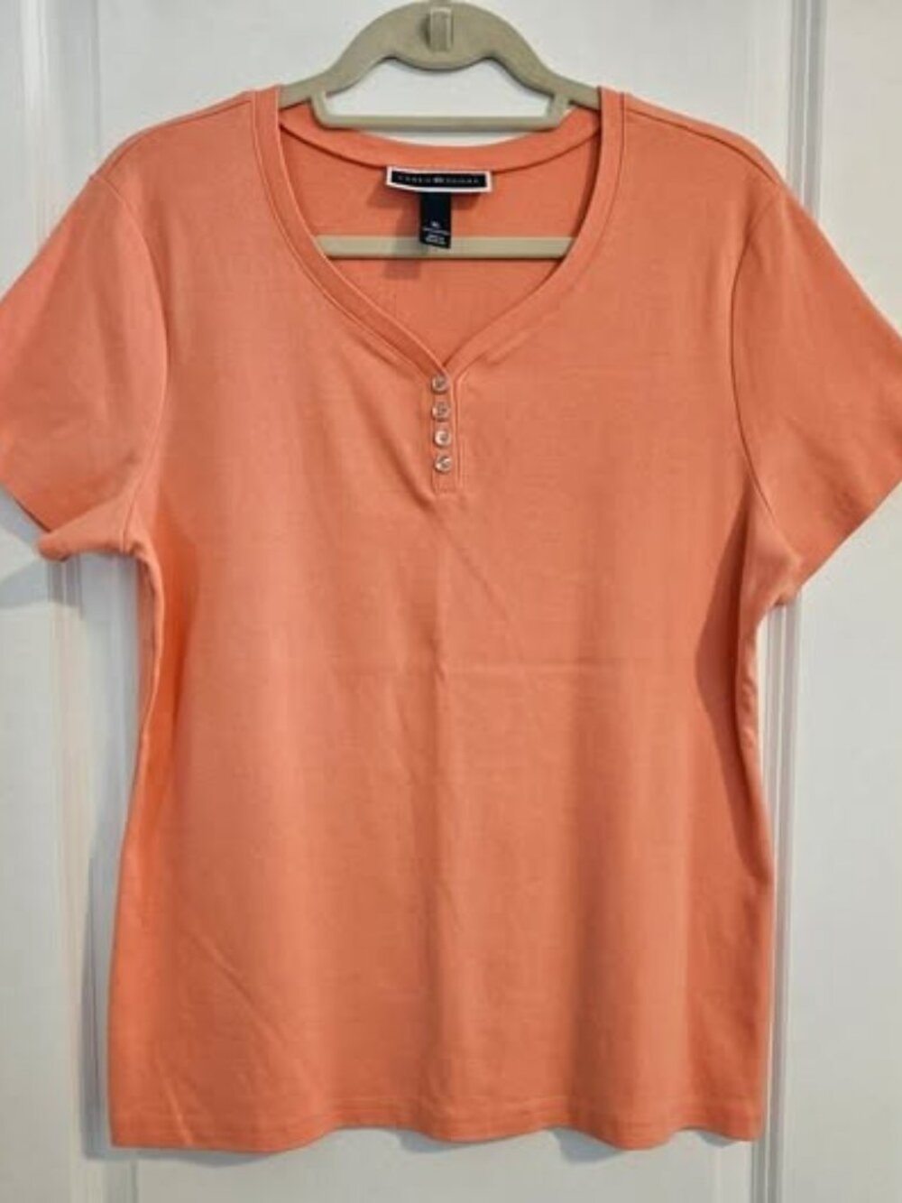 Karen Scott Coral Henley Top XL Short Sleeve Button Detail Soft Cotton